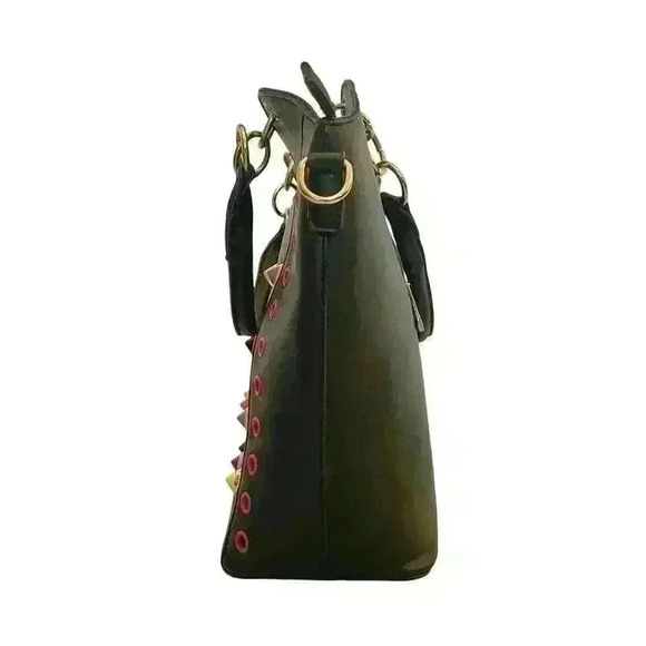 Black  Tote Bag Faux Leather Colorful Studs & Grommet Details, Large 80s Rock - Picture 4 of 16